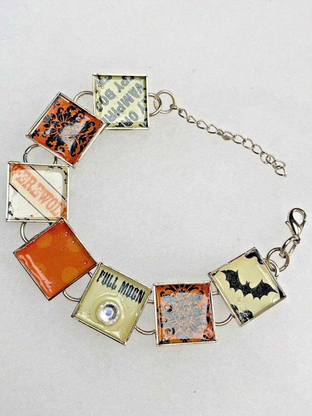 Halloween Enamel Link Bracelet Bat Full Moon Werewolf Spooky Charm Silver Tone